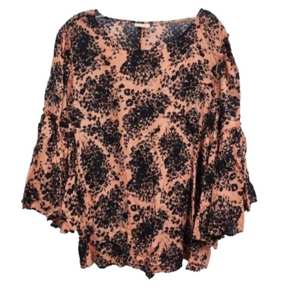 Hinge Womens BOHO Blouse Top XL Peach Black Floral Bell Sleeve Popover Festival